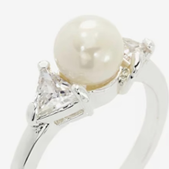 Cubic Zirconia Pearl Pure Silver Over Brass Round 3-Stone Side Stone Ring - Picture 2 of 2